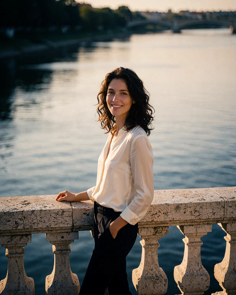 Hungarian woman in an ivory blouse smiling at a stone river balustrade in the early evening