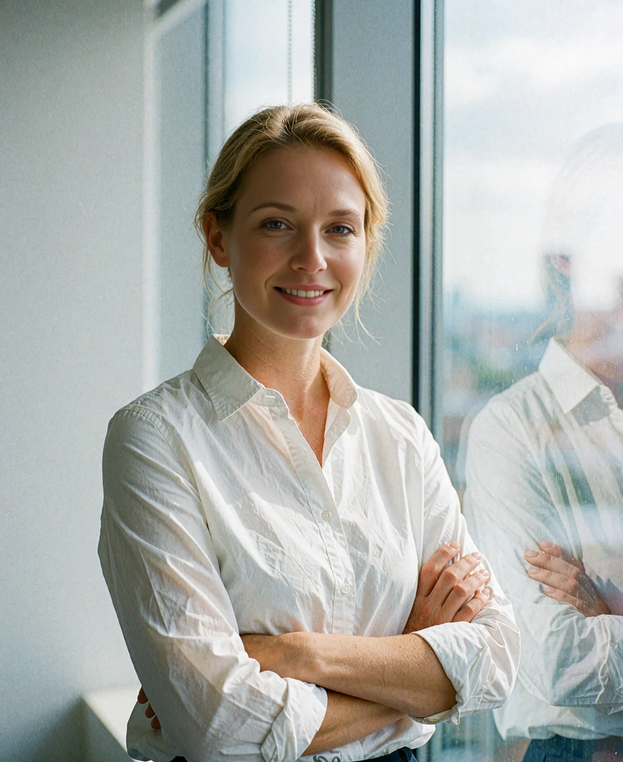 Polish woman in a crisp white shirt standing beside a tall office window during a break