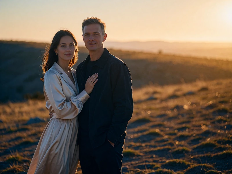 Couple standing together on an open grassy hillside at sunset, the woman resting a hand on the man's chest