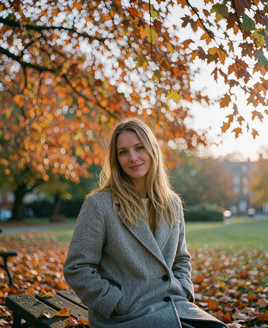 Russian woman with long blonde hair seated on a park bench among autumn trees