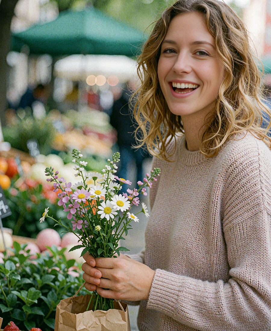 Polish woman in a blush knit holding wildflowers at an open-air market