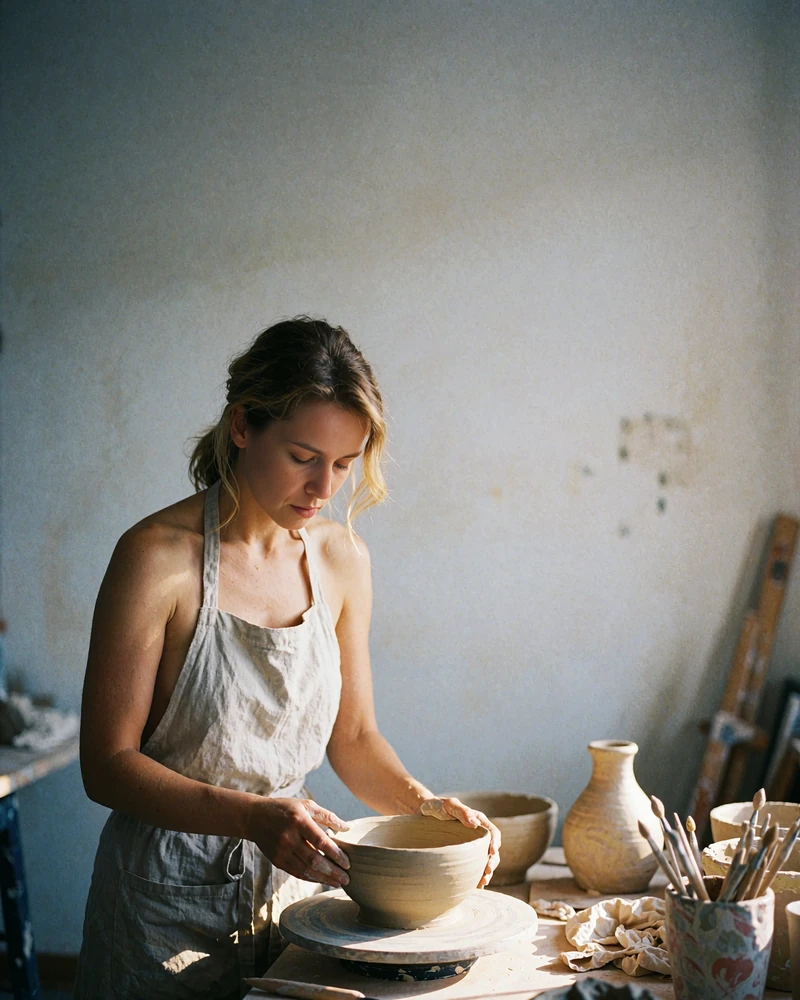 Belarusian woman in a linen apron shaping clay at a ceramics workbench