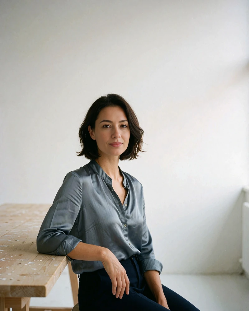 Czech woman in a slate-blue blouse in a bright minimalist design studio