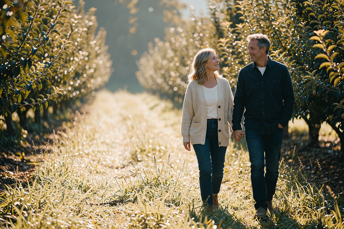 Couple in their late thirties walking hand in hand along a grass path between fruit trees at golden hour