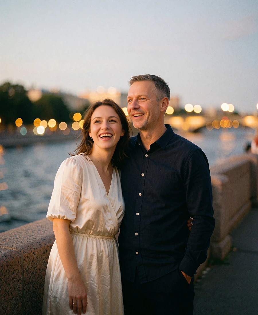 Couple laughing together on a riverside promenade at golden hour