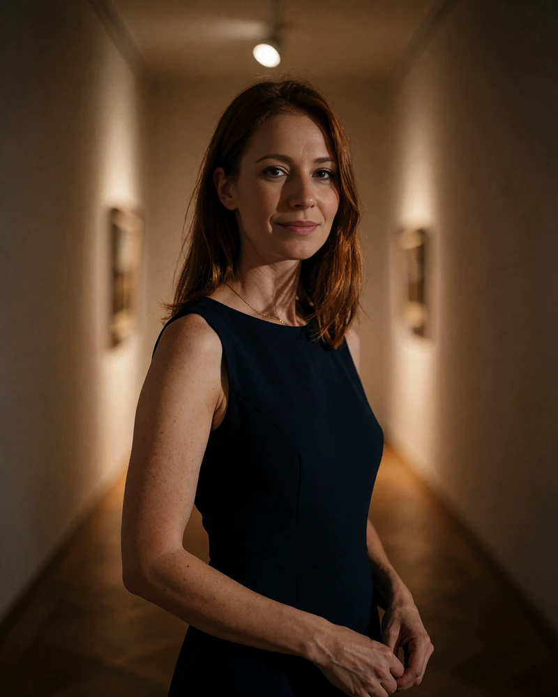 Slovak woman in a navy dress with a gold necklace in a quiet gallery corridor at evening