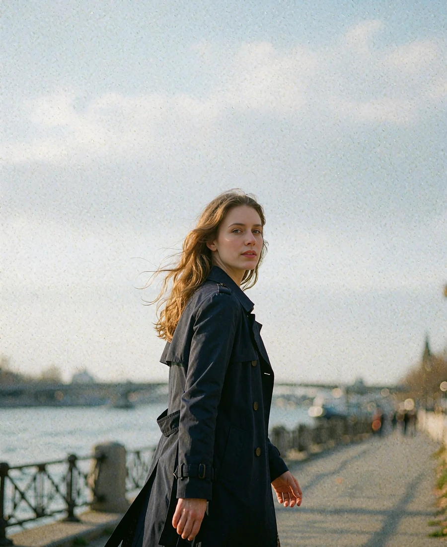 Ukrainian woman in a navy trench coat walking along a riverside promenade on an overcast day