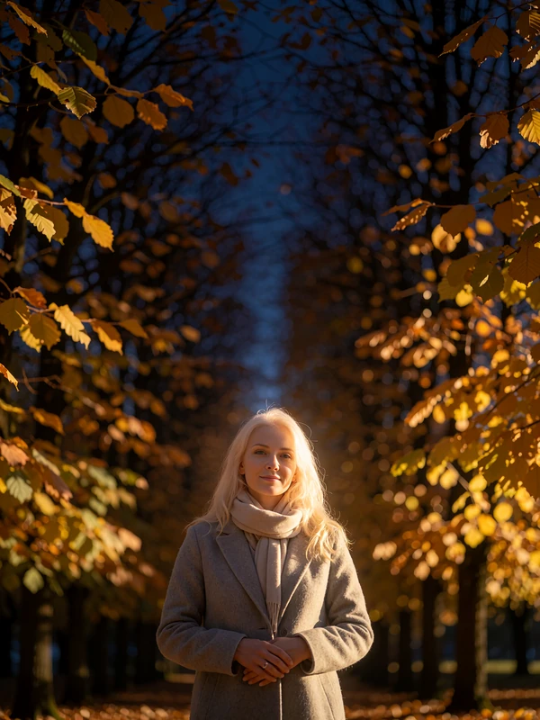 Blonde Belarusian woman in a grey coat on a tree-lined park avenue in autumn