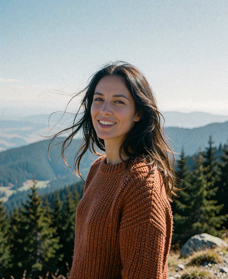 Romanian woman in a rust knit sweater standing at a Carpathian mountain viewpoint with wind in her hair