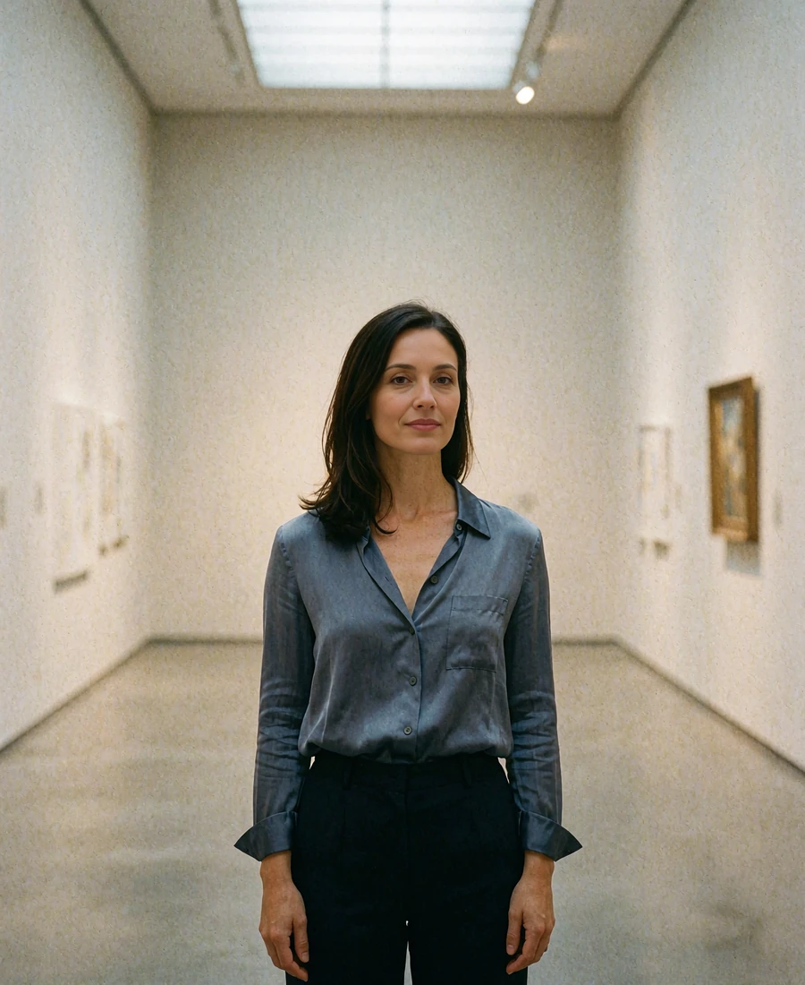 Russian woman in a slate-blue silk blouse standing in a quiet art gallery corridor