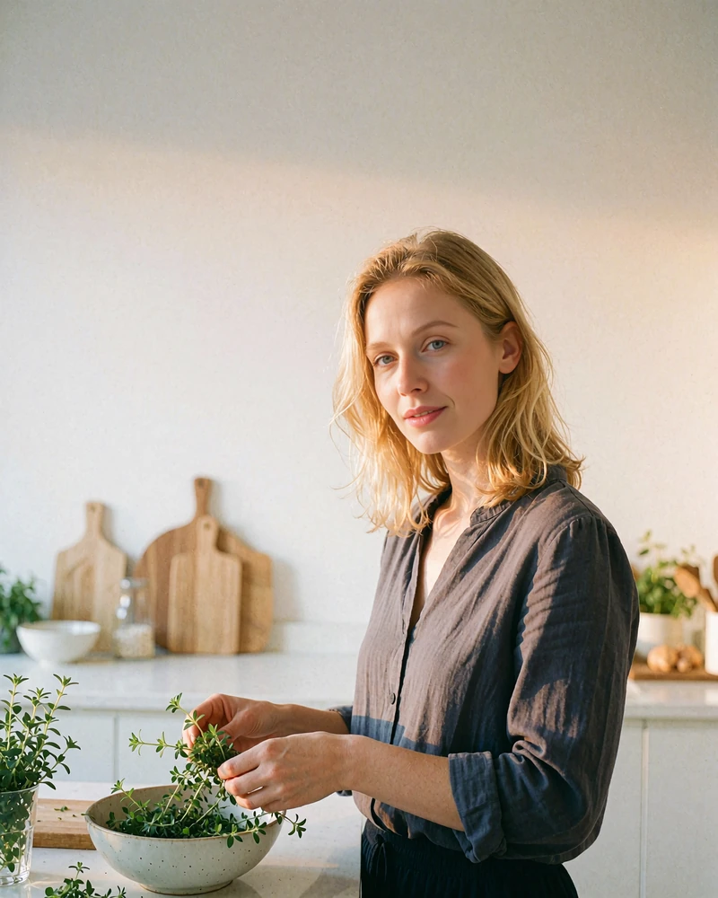 Slovak woman in a slate blouse arranging fresh herbs at a bright modern kitchen counter