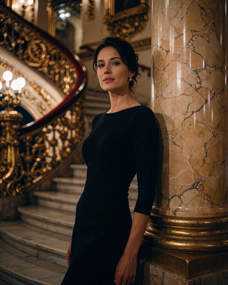 Hungarian woman in a black evening dress standing beside a marble column in a theatre foyer